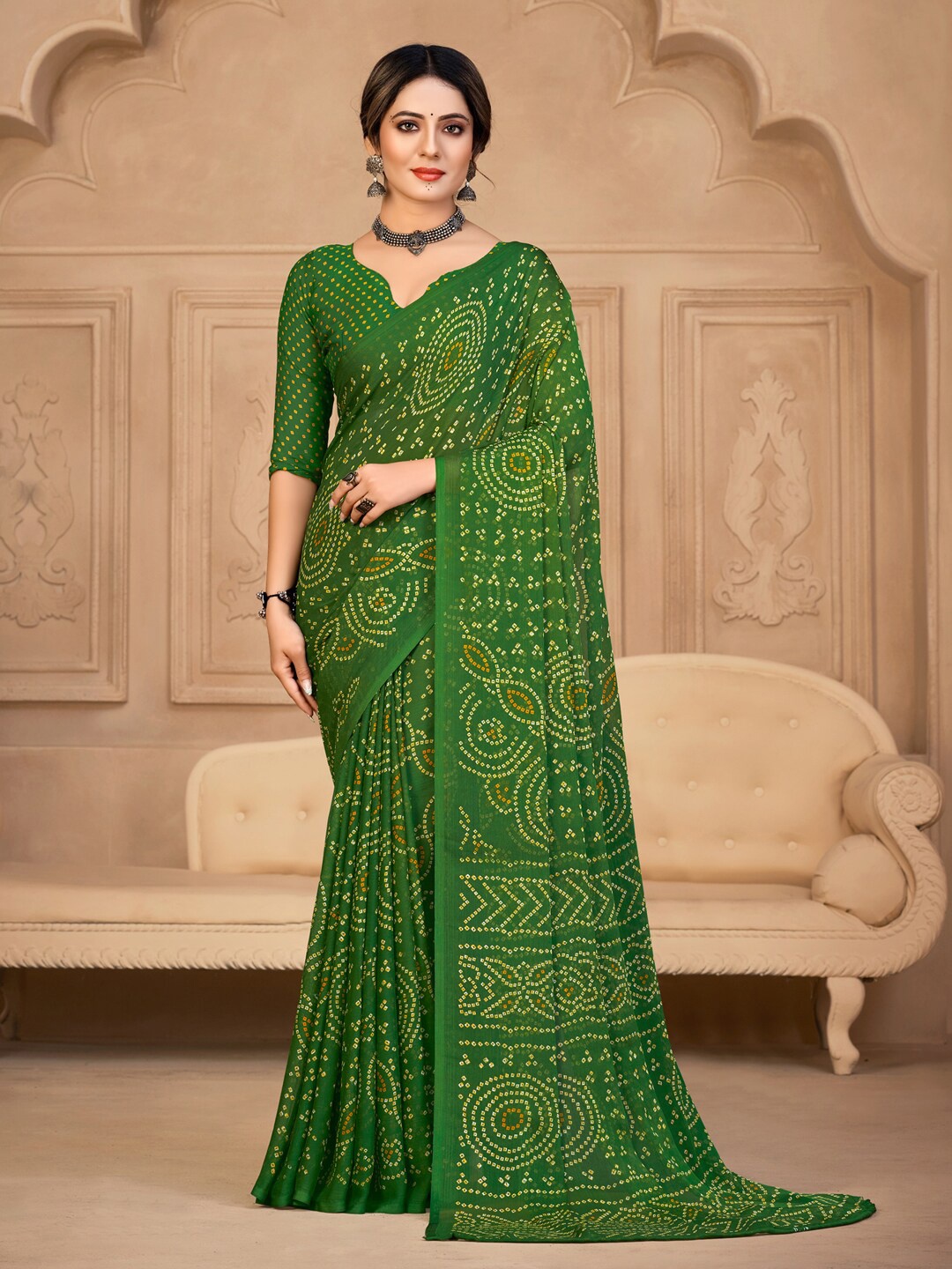 

Anouk Rustic Green & Yellow Bandhani Printed Pure Chiffon Saree