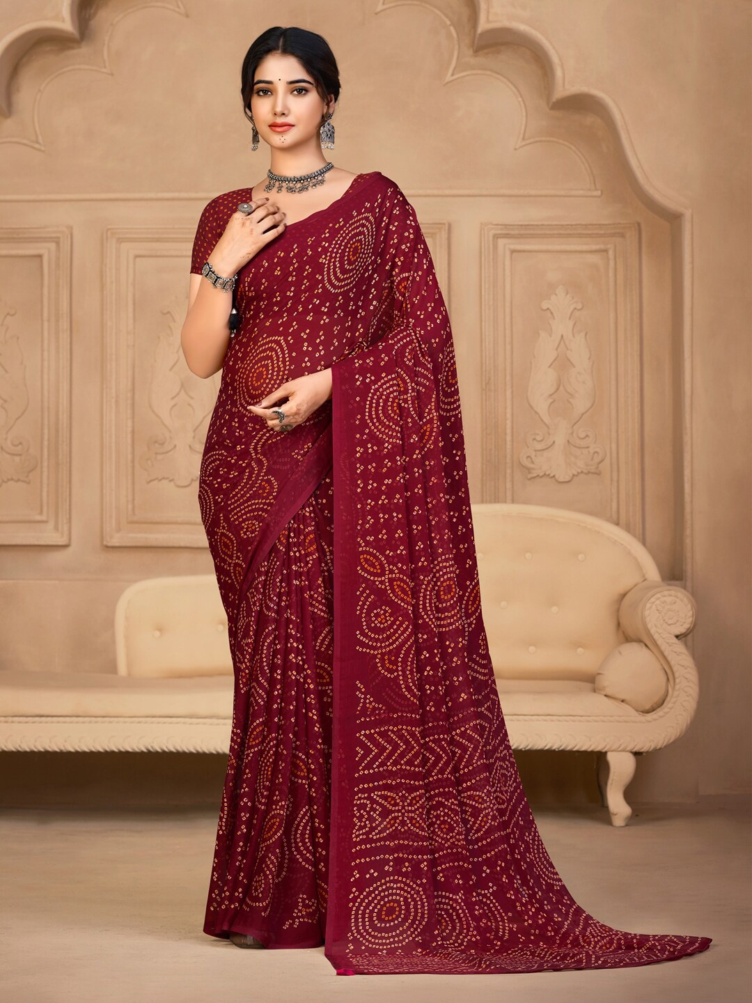 

Anouk Bandhani Printed Pure Chiffon Saree, Maroon