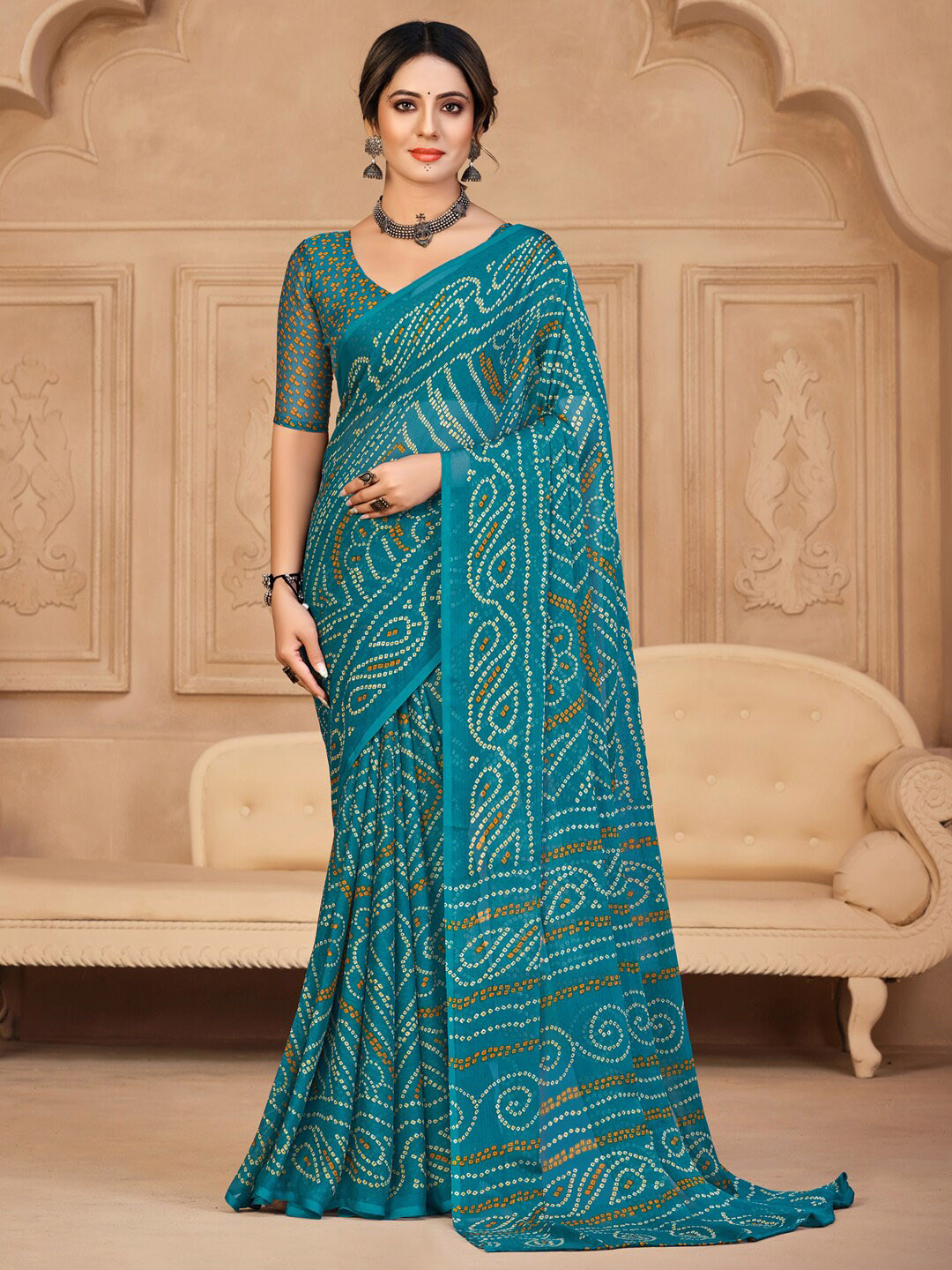 

Anouk Blue Printed Pure Chiffon Bandhani Saree