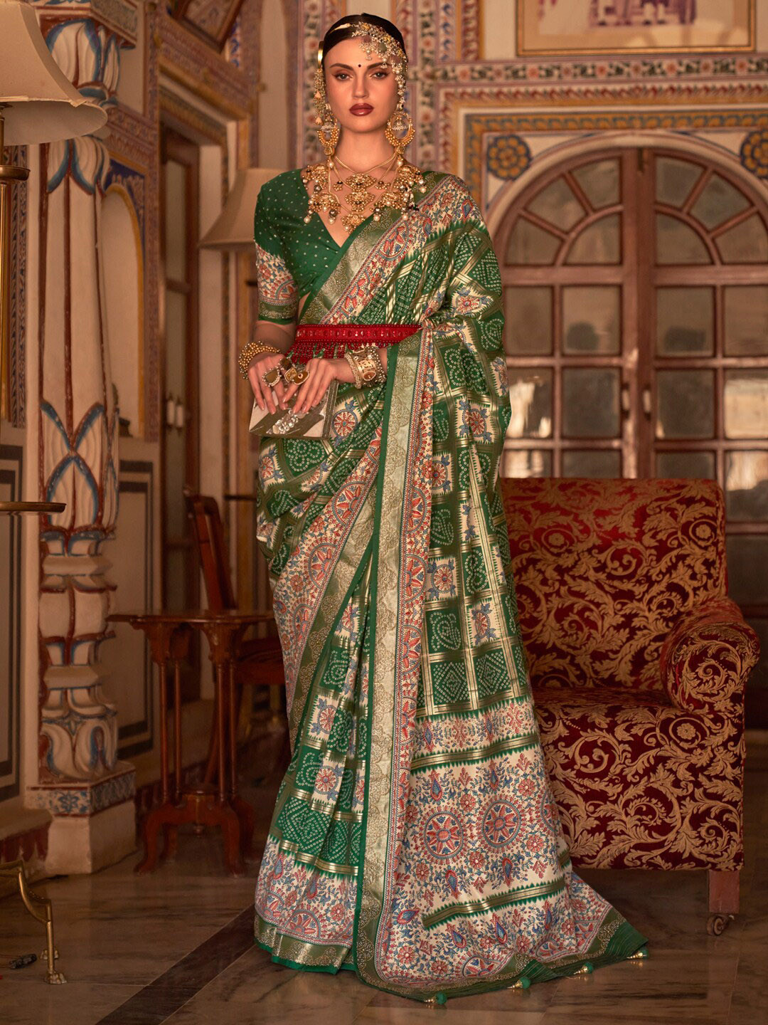 

Anouk Green Printed Zari Bandhani Saree