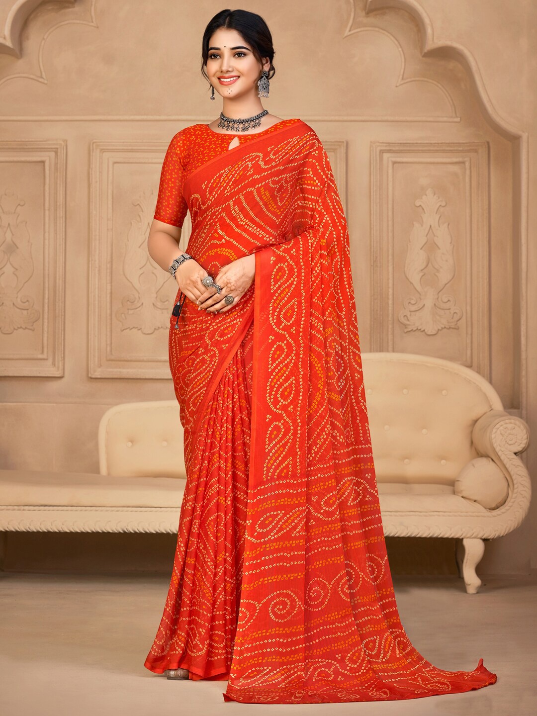 

Anouk Orange & Yellow Bandhani Printed Pure Chiffon Bandhani Saree