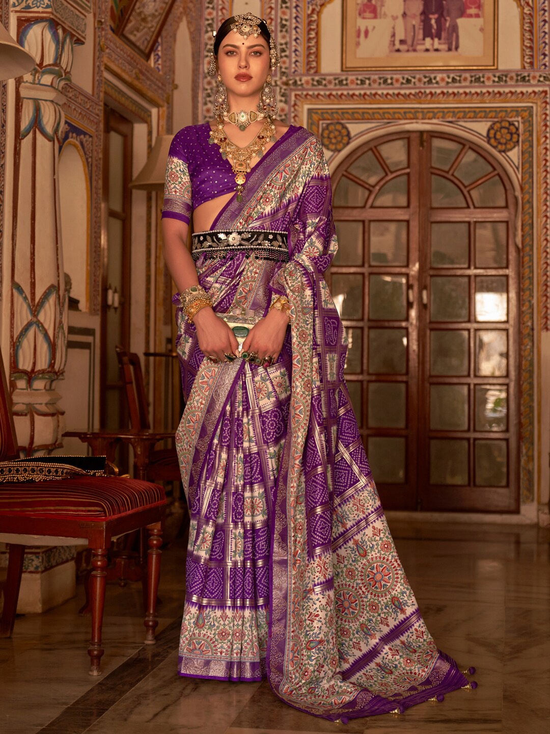 

Anouk Bandhani Printed Zari Saree, Purple