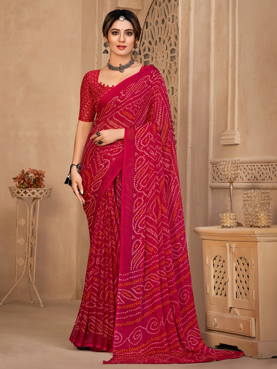 

Anouk Rustic Pink & Orange Bandhani Printed Pure Chiffon Bandhani Saree