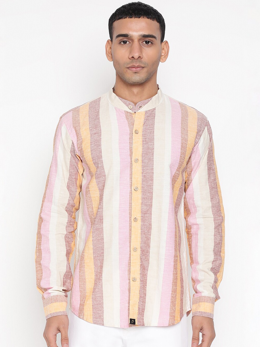 

JAVINISHKA Classic Band Collar Striped Cotton Linen Casual Shirt, White