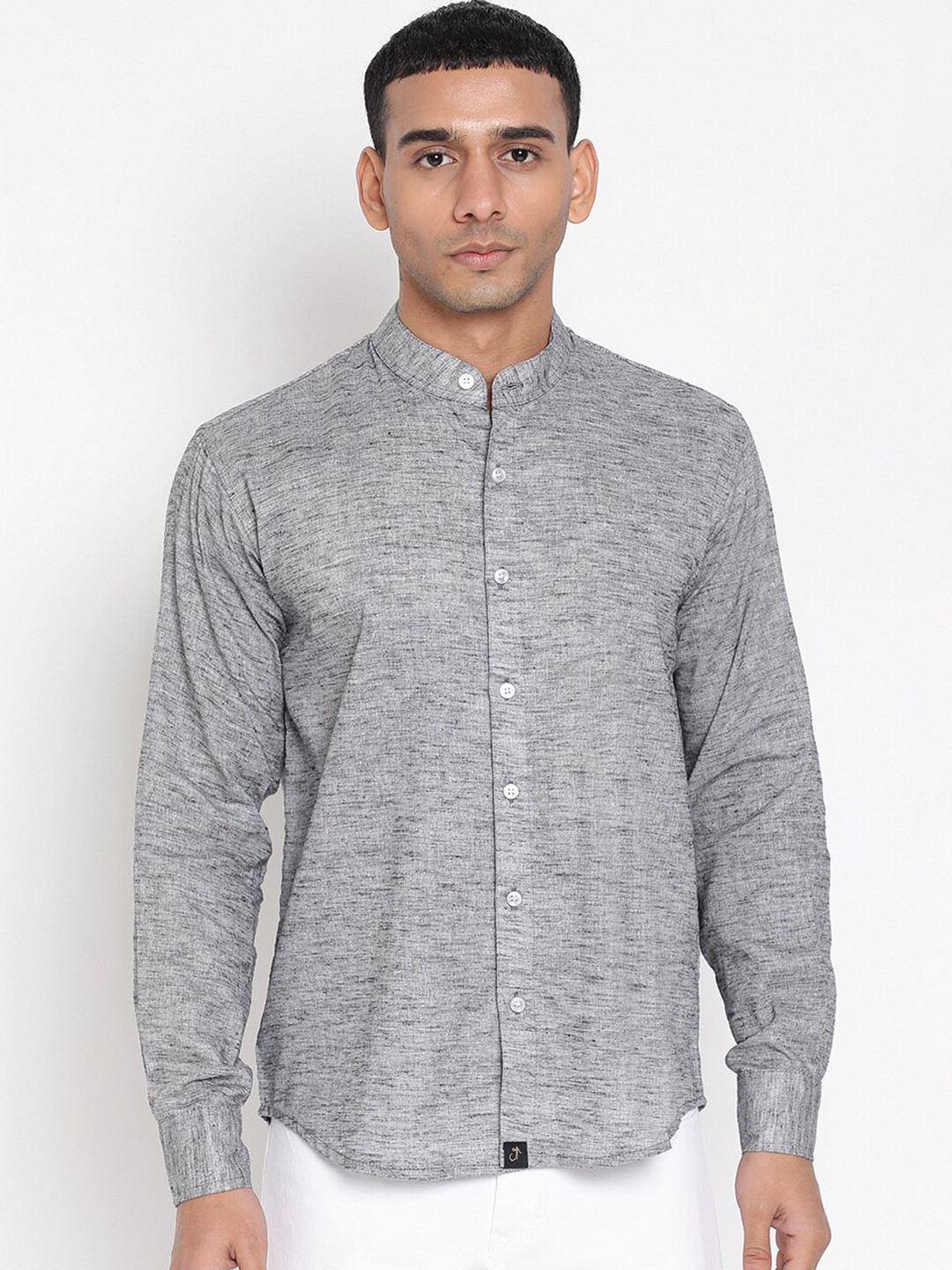 

JAVINISHKA Mandarin Collar Classic Opaque Cotton Linen Casual Shirt, Grey melange