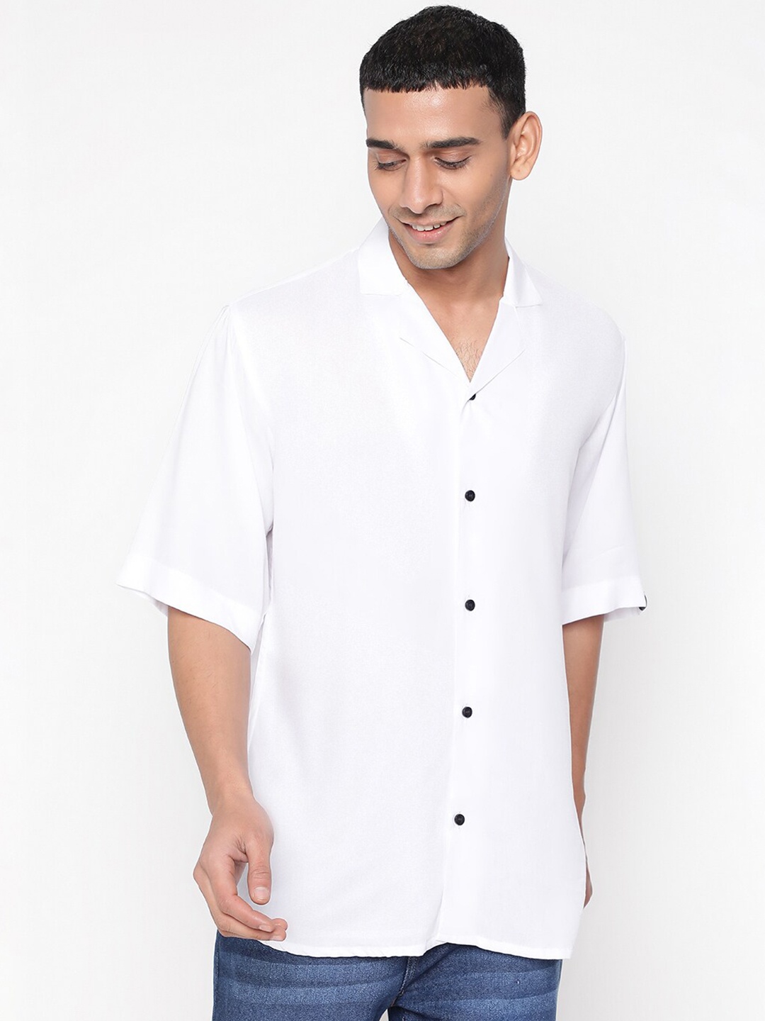 

JAVINISHKA Unisex Classic Cuban Collar Oversized Casual Shirt, White