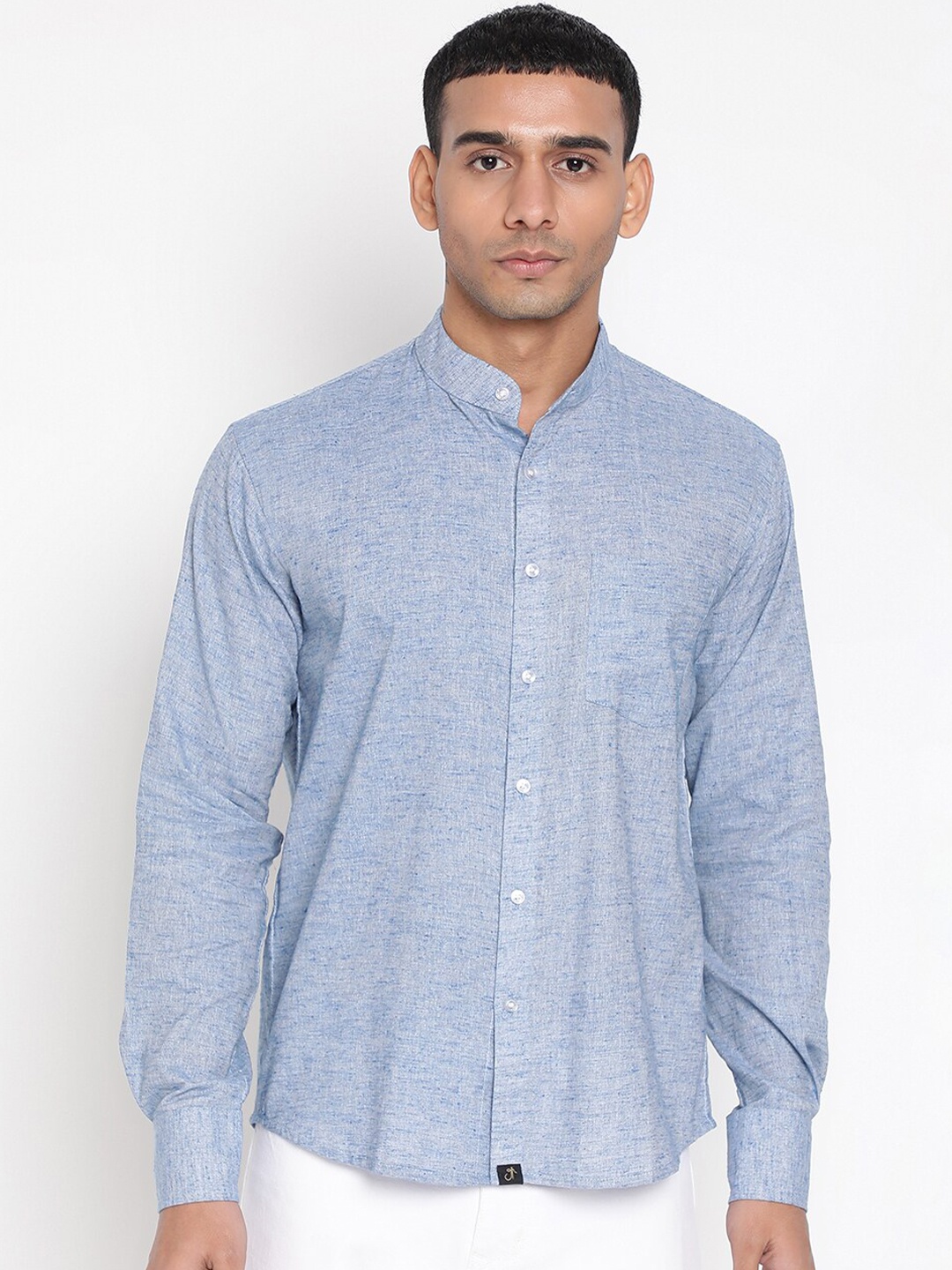 

JAVINISHKA Classic Band Collar Cotton Linen Casual Shirt, Blue
