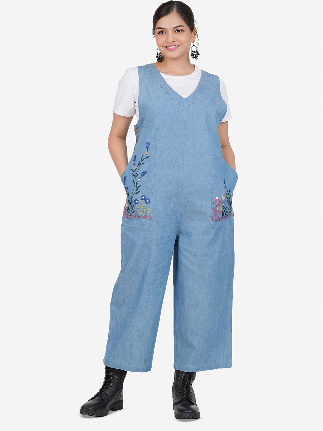 

SUMAVI-FASHION Embroidered Sleeveless Organic Cotton Basic Jumpsuit, Blue