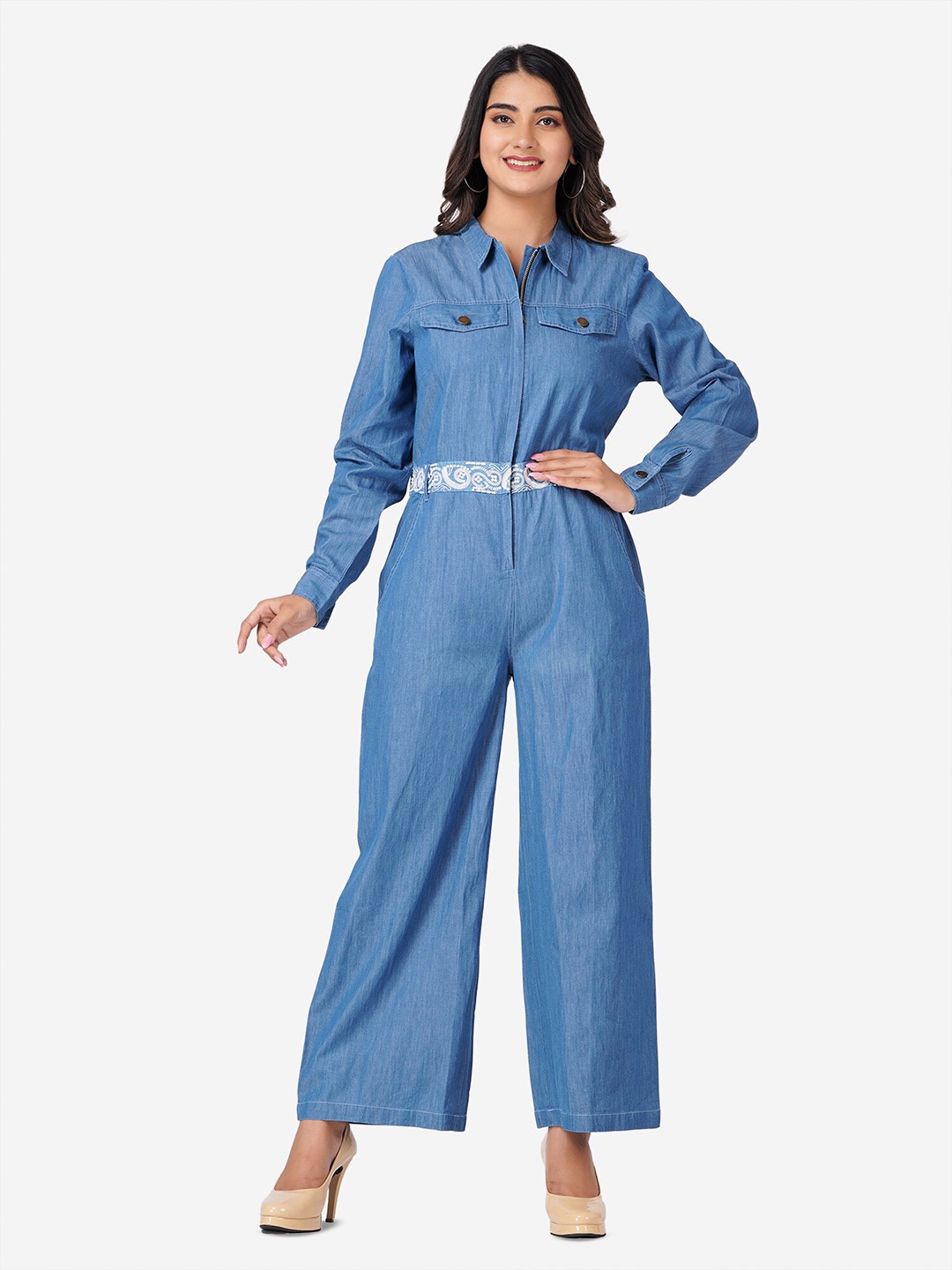 

SUMAVI-FASHION Shirt Collar Belted Organic Cotton Denim Basic Jumpsuit, Blue