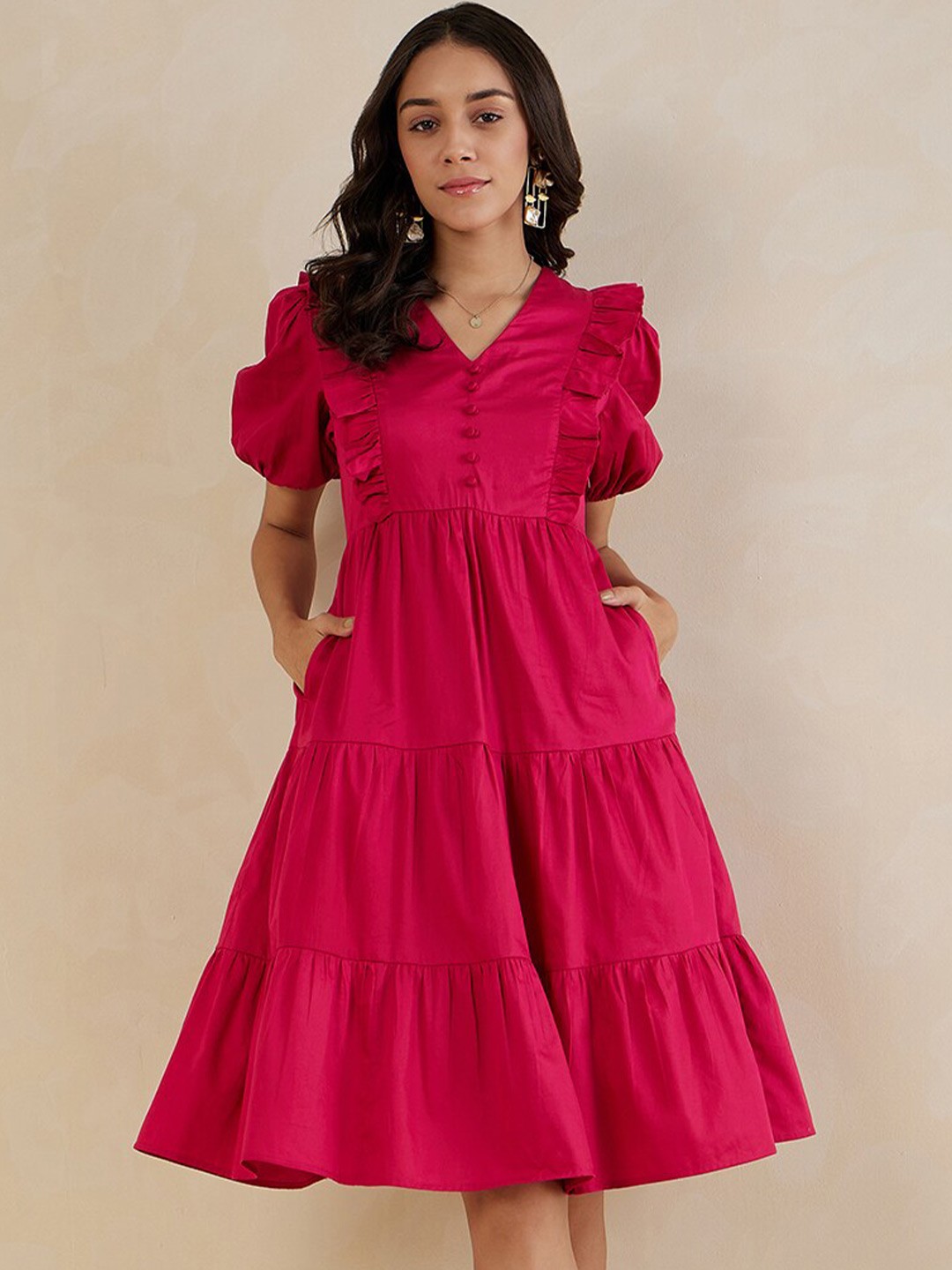 

Femella Cotton V-Neck Puff Sleeves Fit & Flare Dress, Pink