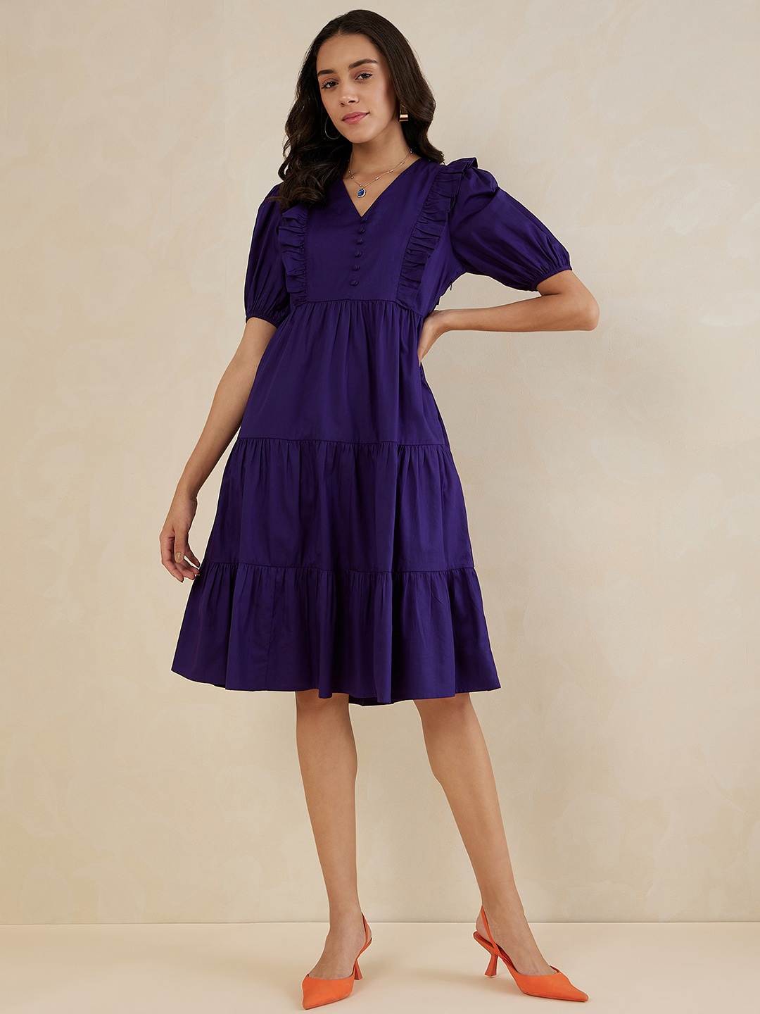 

Femella V-Neck Puff Sleeves Cotton Fit & Flare Dress, Purple