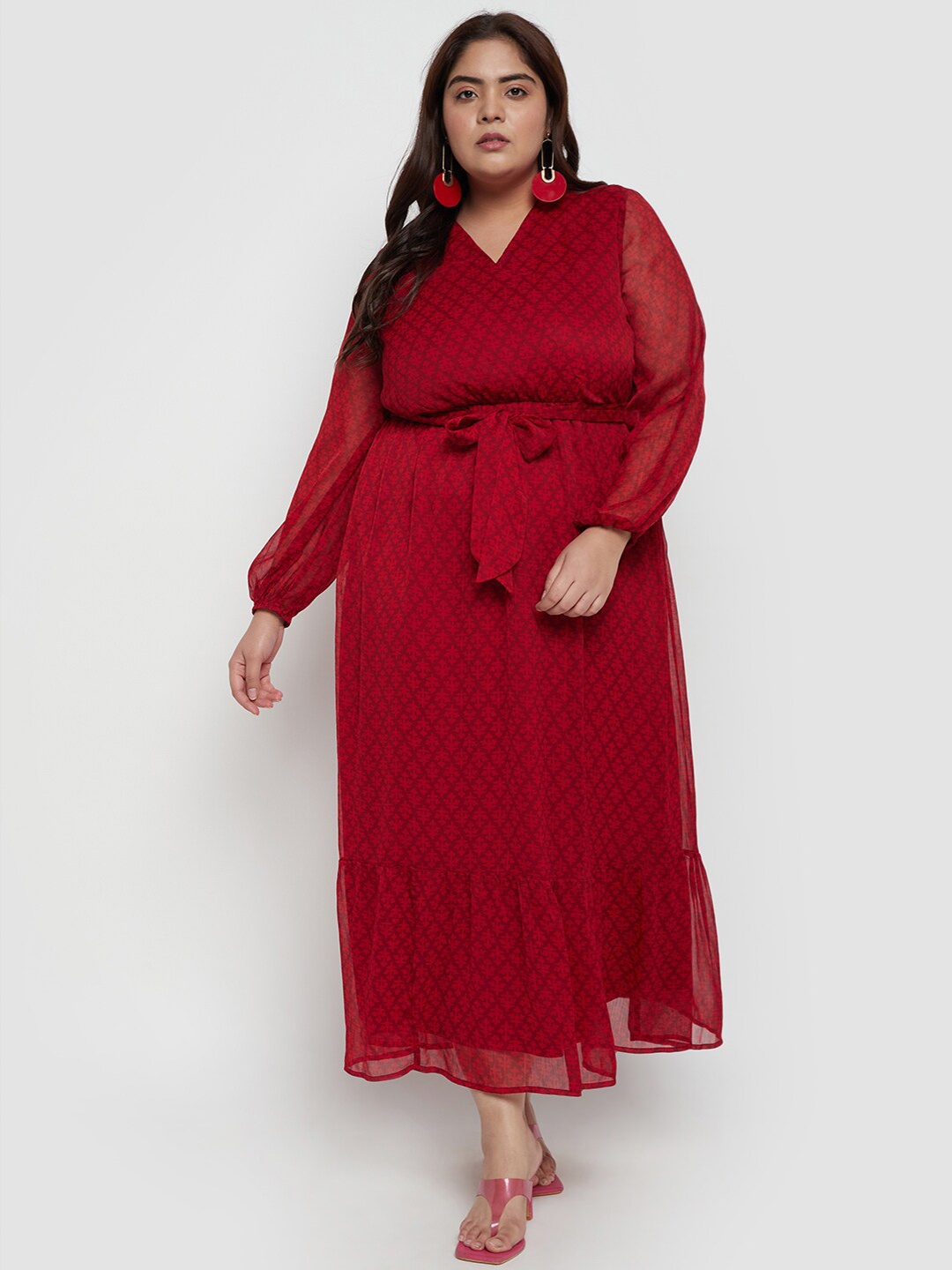 

Femella Floral Printed V-Neck Puff Sleeves Belted Wrap Dress, Red