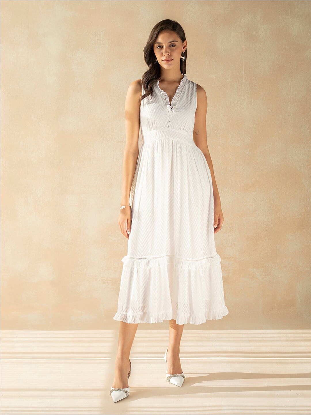 

Femella Self Design V-Neck Sleeveless Gathered Georgette Casual A-Line Midi Dress, White