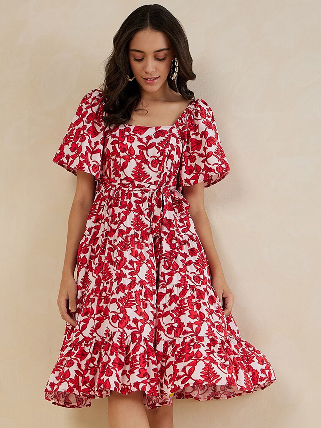 

Femella Floral Printed Flared Sleeve Smocked Tiered Fit & Flare Dress, Red