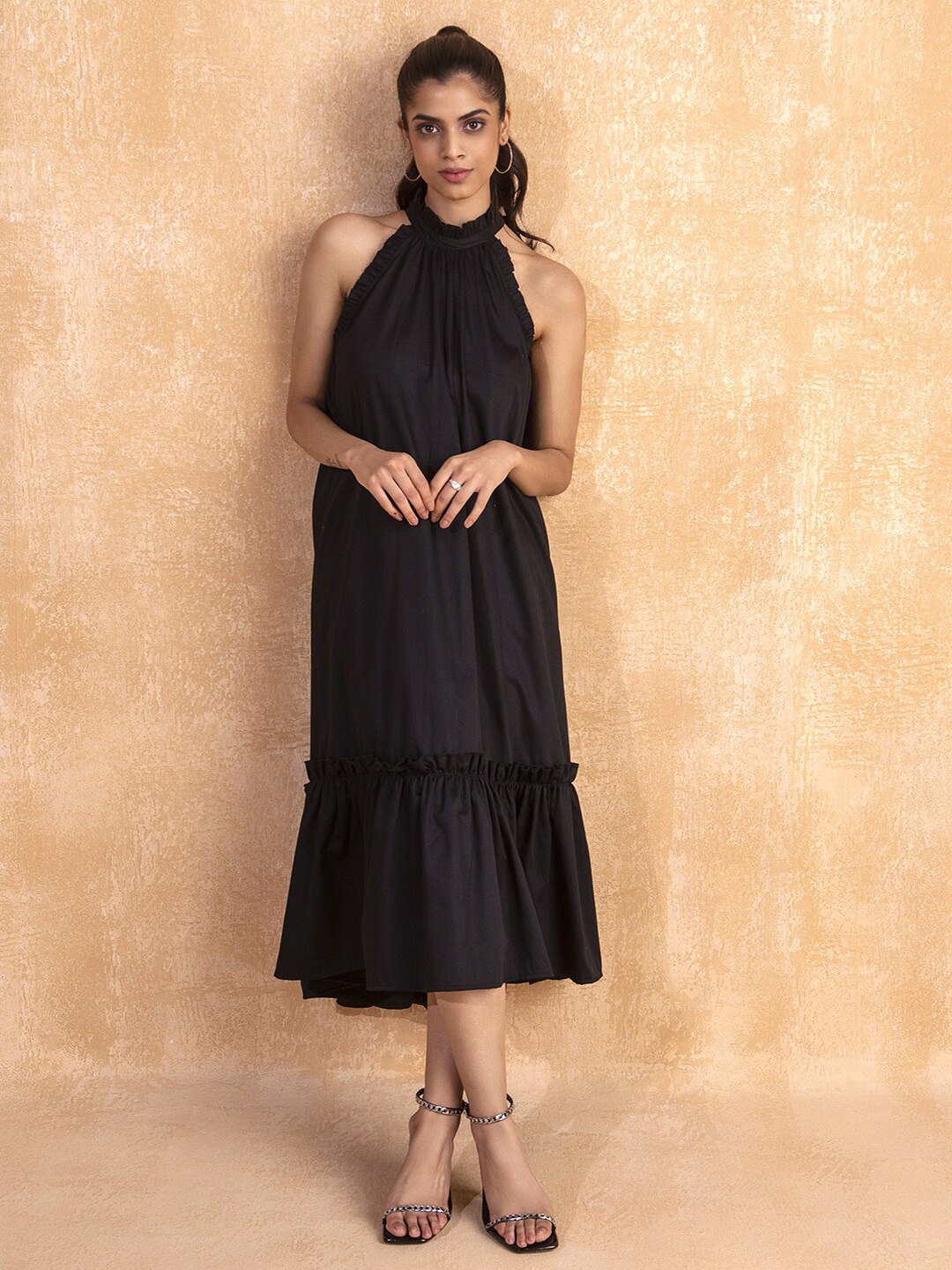 

Femella Halter Neck Sleeveless Ruffled A-Line Maxi Cotton Dress, Black