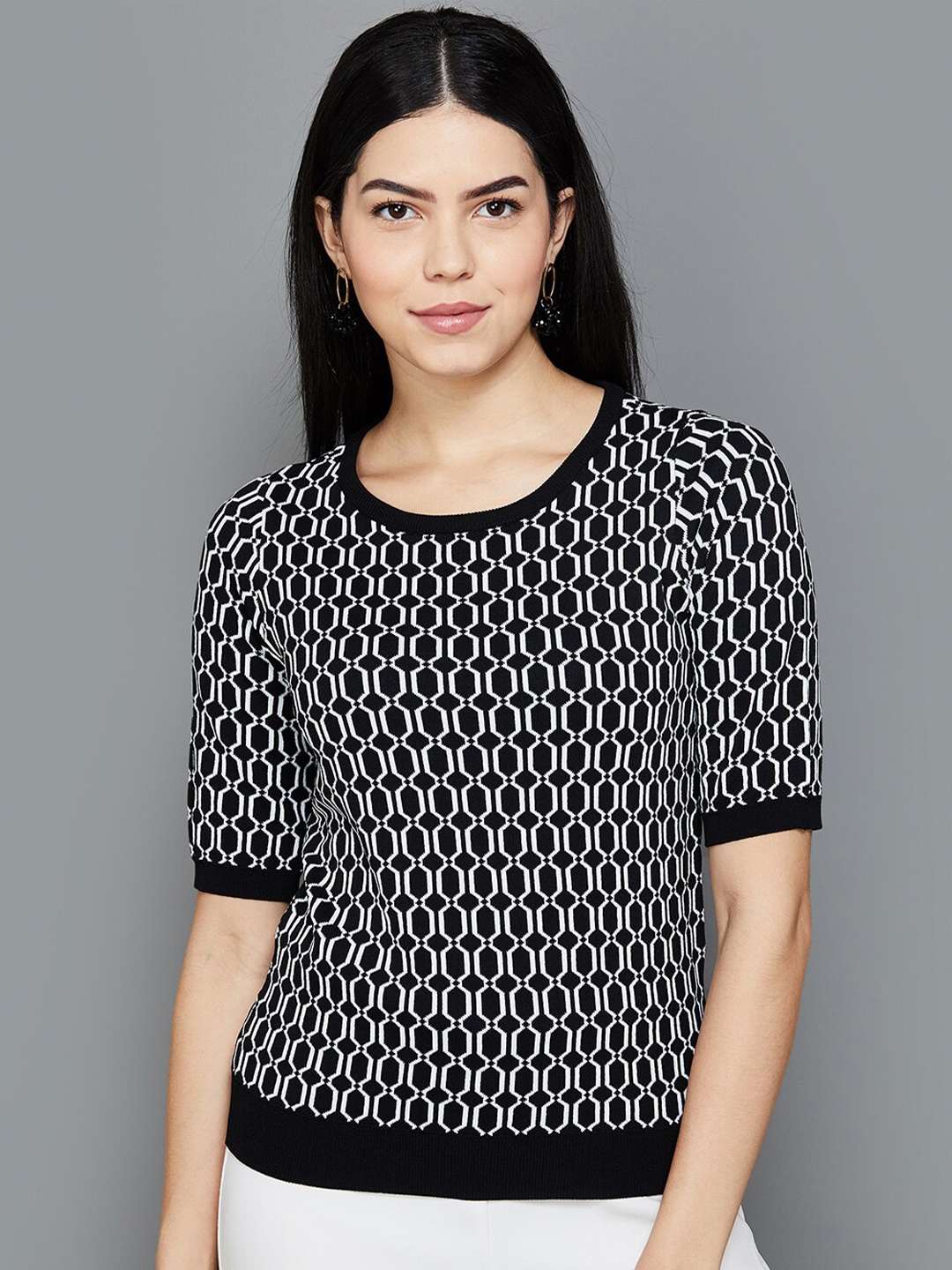 

CODE by Lifestyle Geometric Printed Round Neck Top, Black