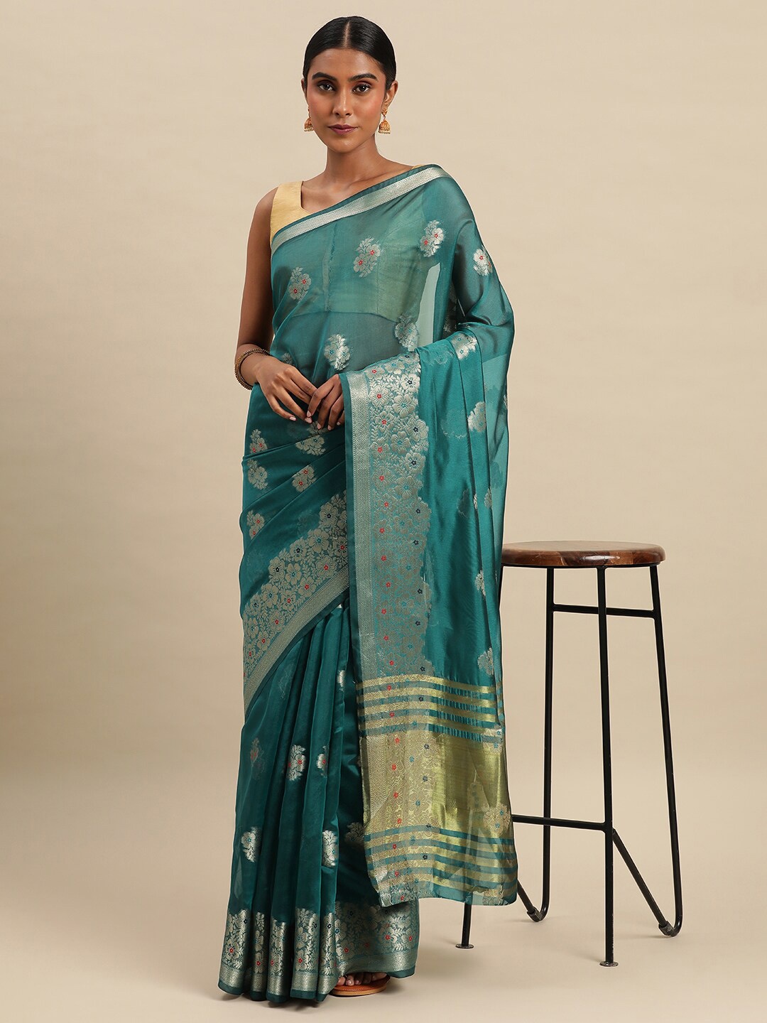 

Mitera Teal Green & Silver-Toned Ethnic Motifs Woven Design Zari Organza Saree
