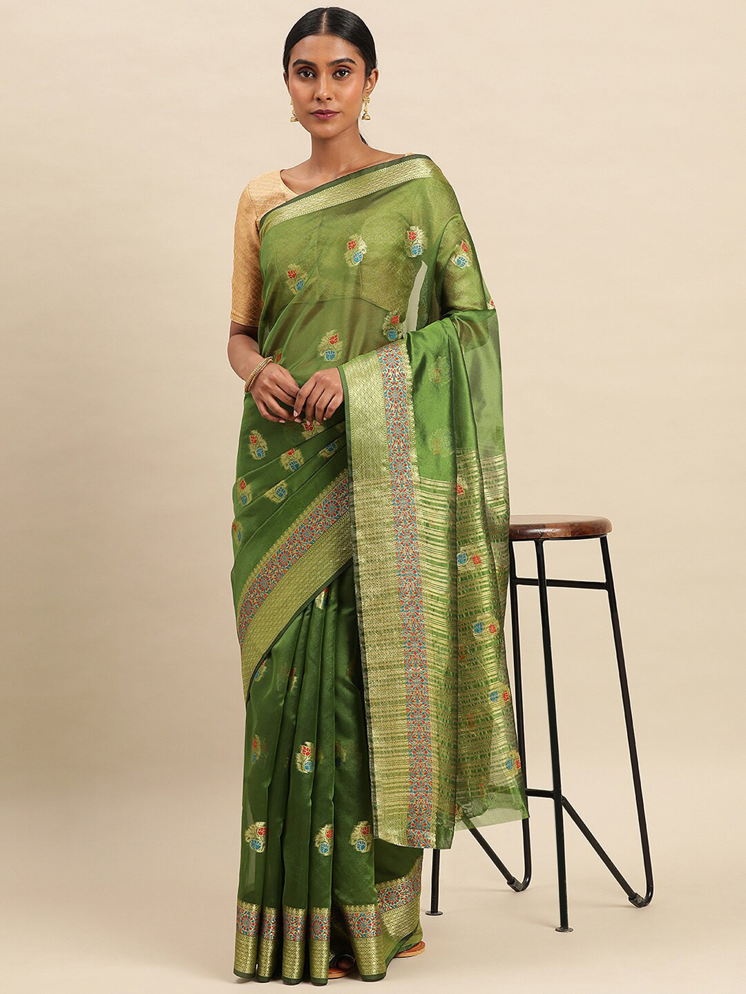 

Mitera Green & Red Woven Design Zari Organza Saree