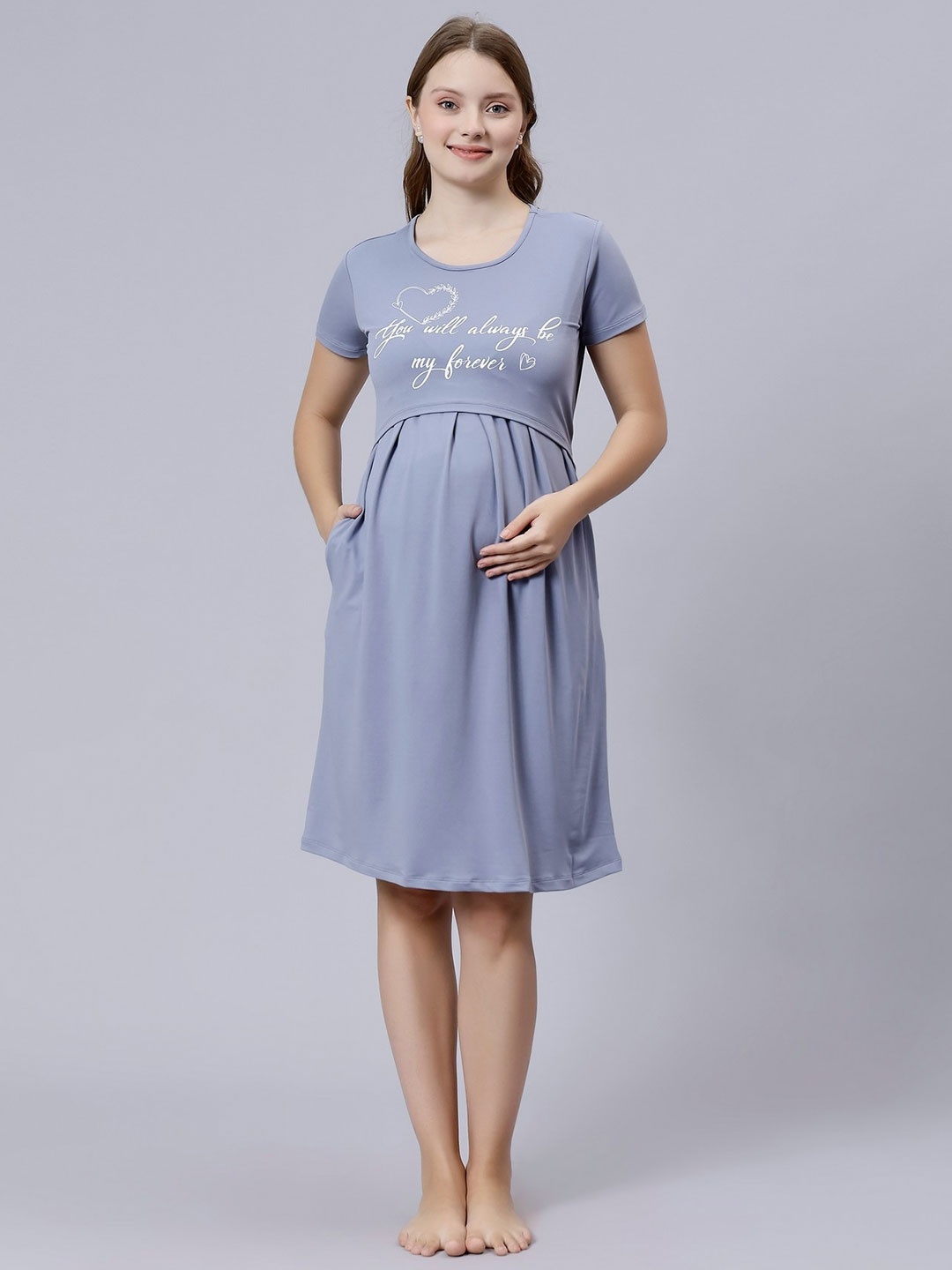 

True Shape Typography Printed Cotton Maternity A-Line Dress, Grey