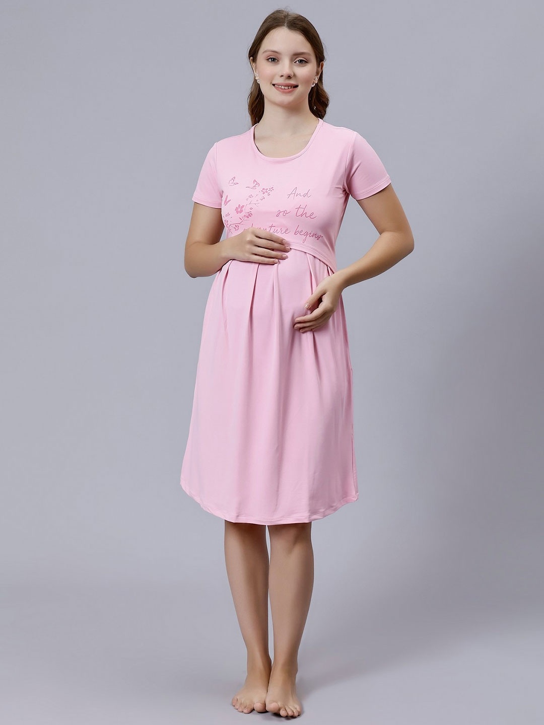

True Shape Typography Printed Cotton Maternity A-Line Dress, Pink