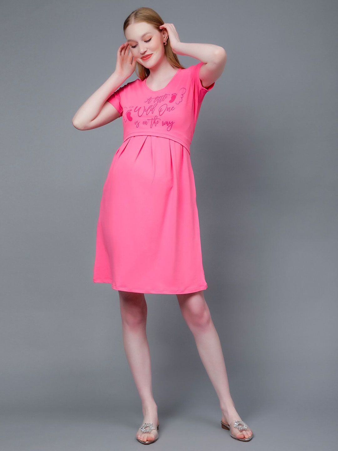 

True Shape Typography Printed Cotton Maternity A-Line Dress, Pink