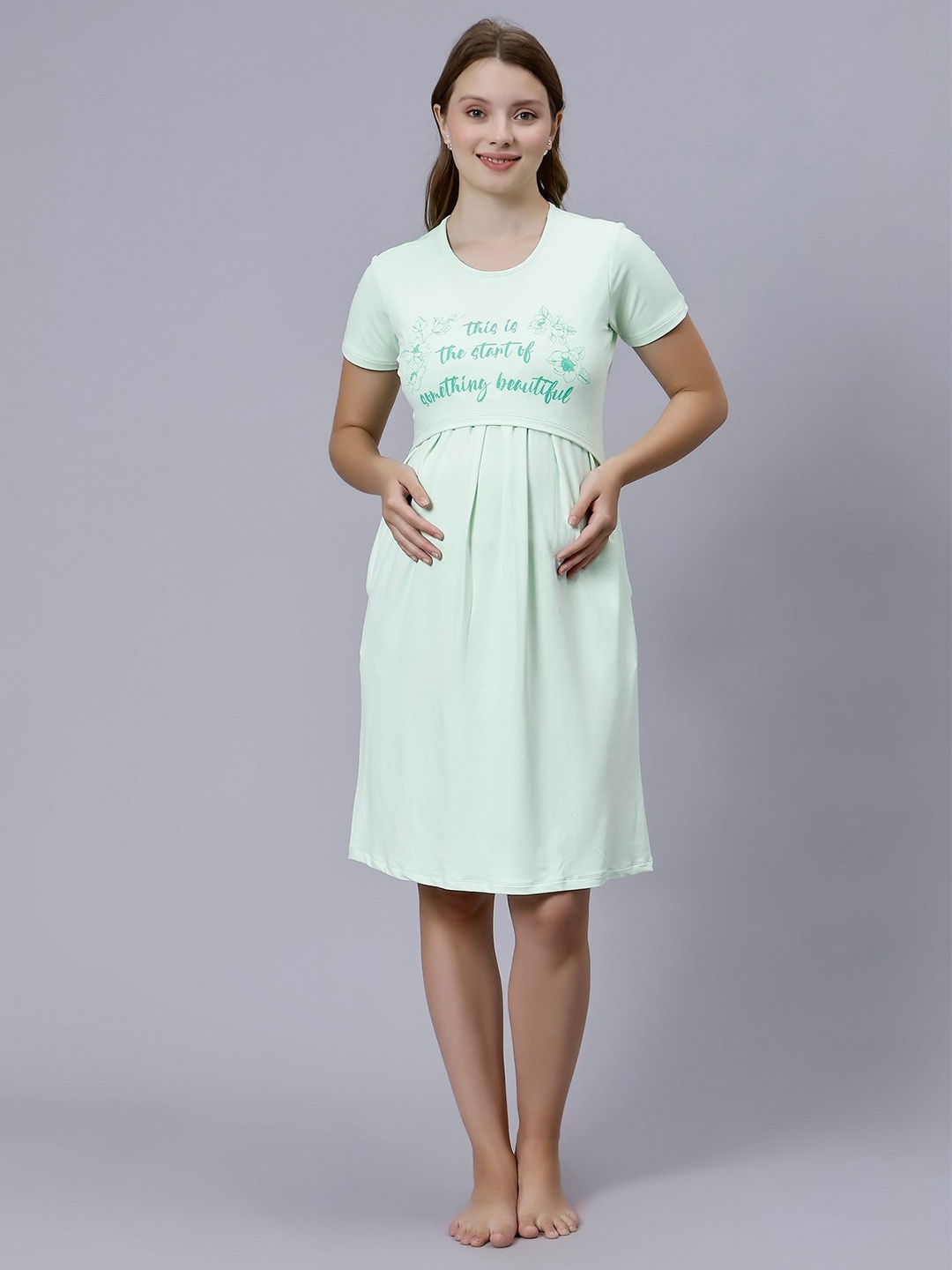 

True Shape Typography Printed Maternity Feeding A-Line Dress, Green