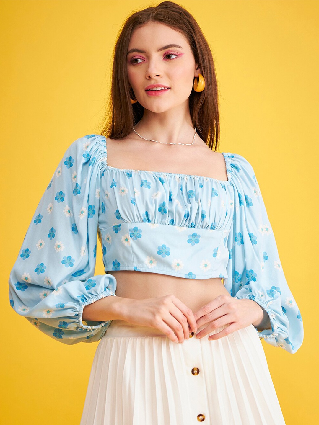 

DELAN Floral Printed Square Neck Crop Top, Blue