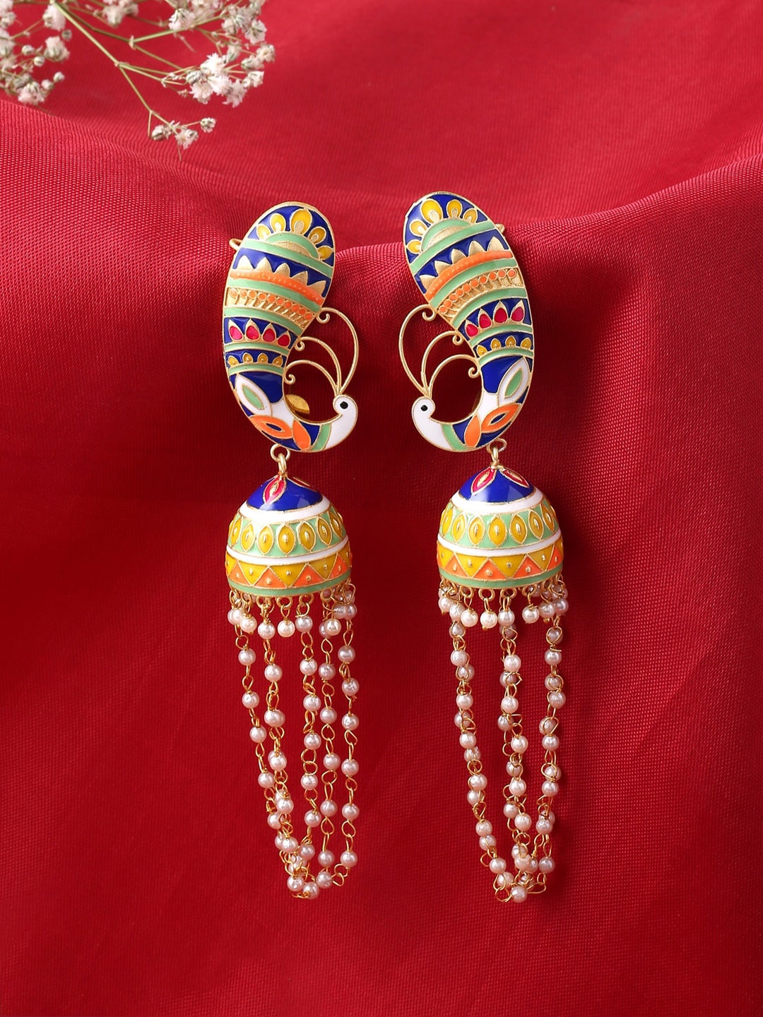 

CELEBRAVO Brass-Plated Meenakari Peacock Shaped Jhumkas, Blue
