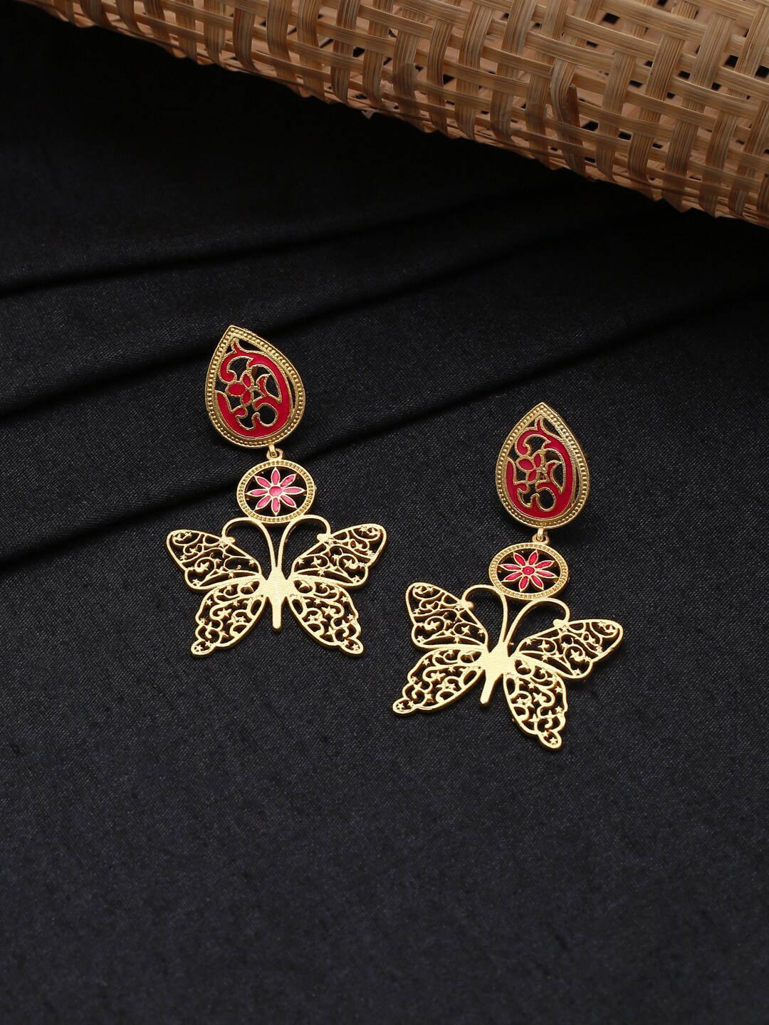 

CELEBRAVO Brass-Plated Butterfly Shaped Meenakari Drop Earrings, Pink