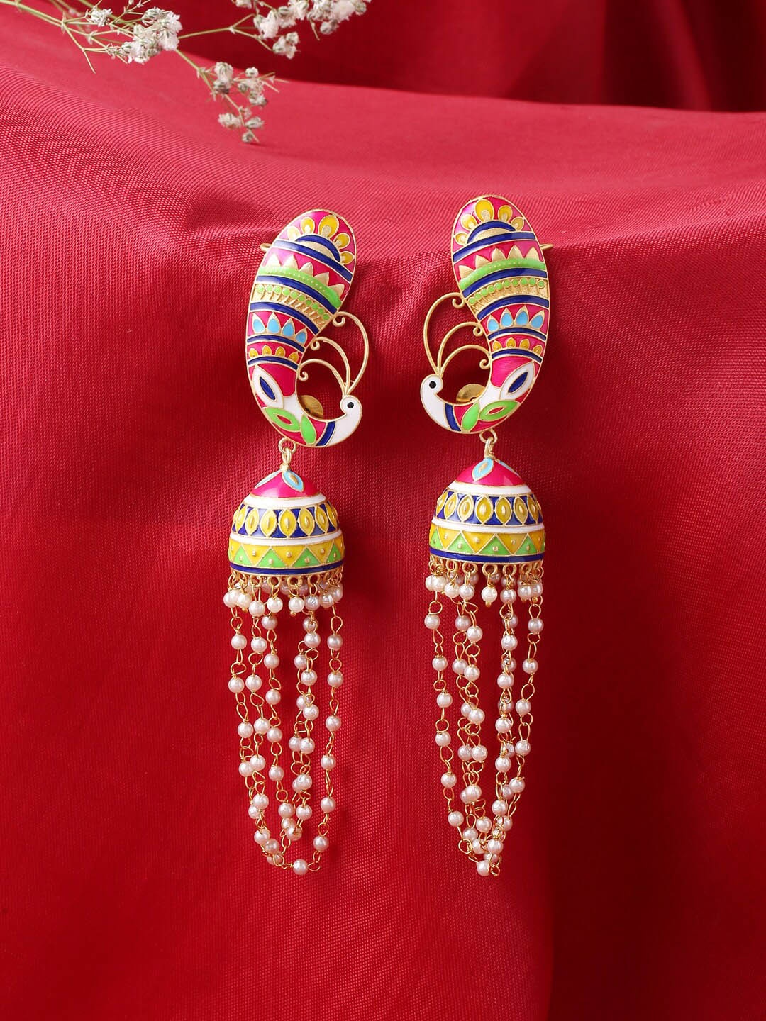 

CELEBRAVO Peacock Shaped Meenakari Jhumkas, Gold