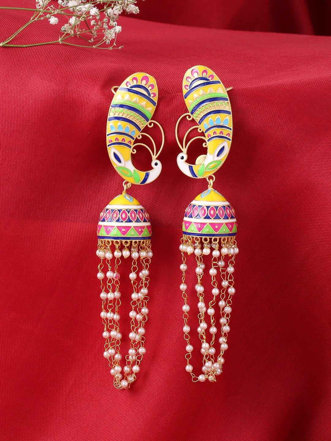 

CELEBRAVO Peacock Shaped Beaded Jhumkas, Gold