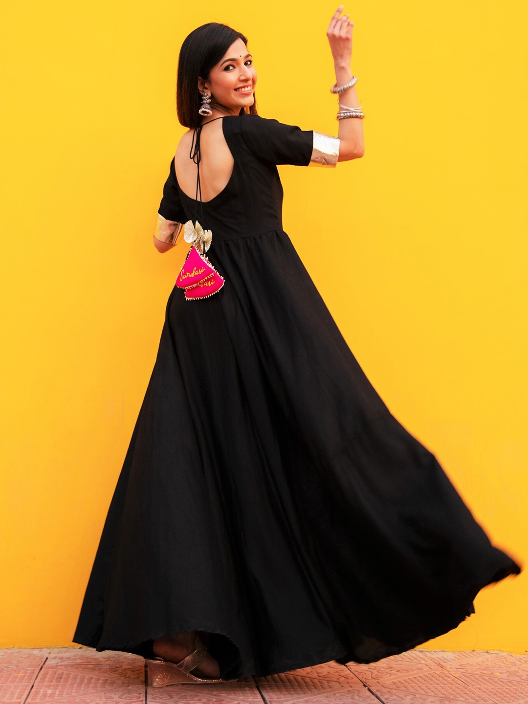 

PINKVILLE JAIPUR Keyhole Neck Maxi Dress, Black