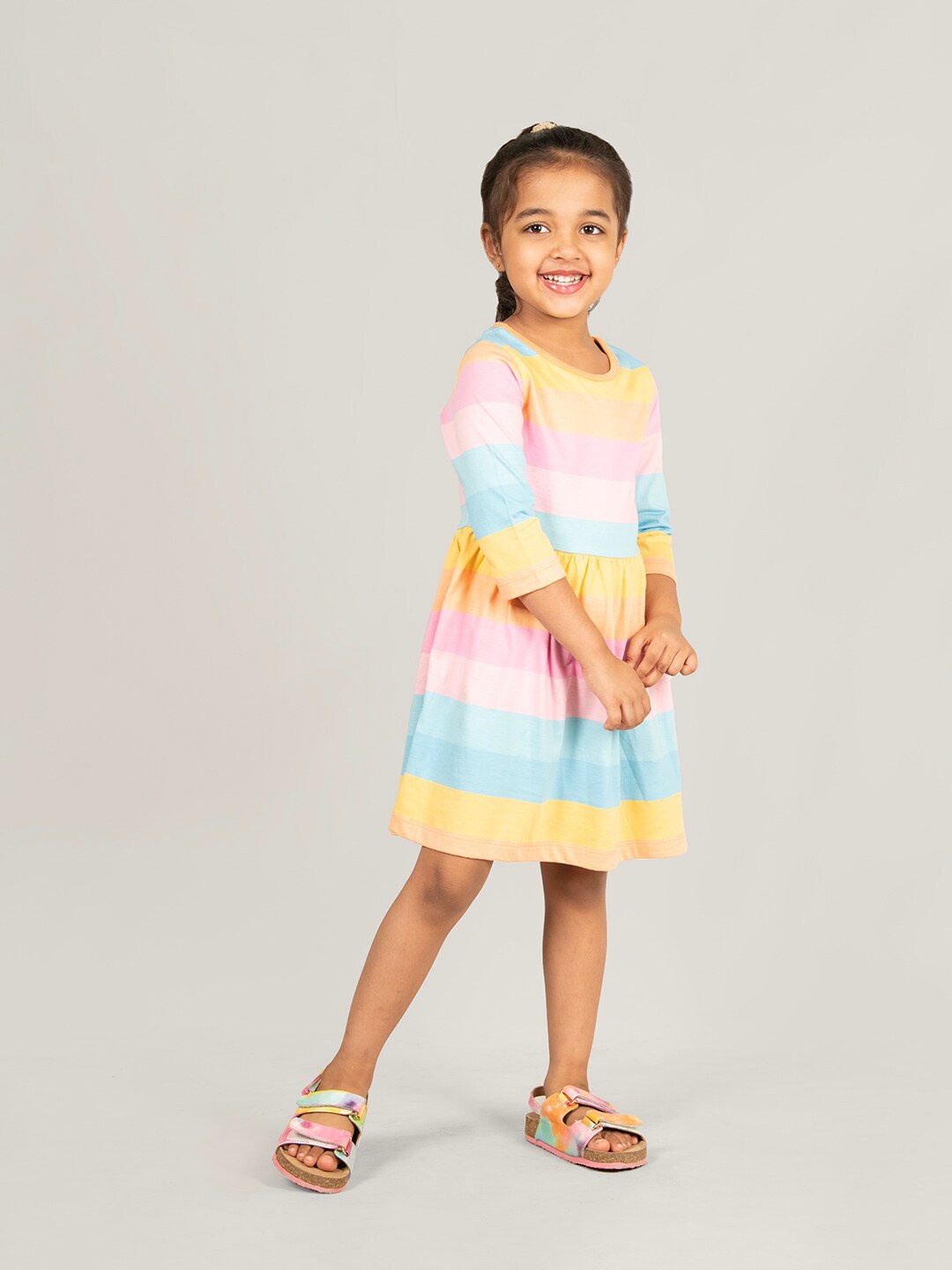 

Zalio Girls Colourblocked Round Neck Pure Cotton A-Line Dress, Pink