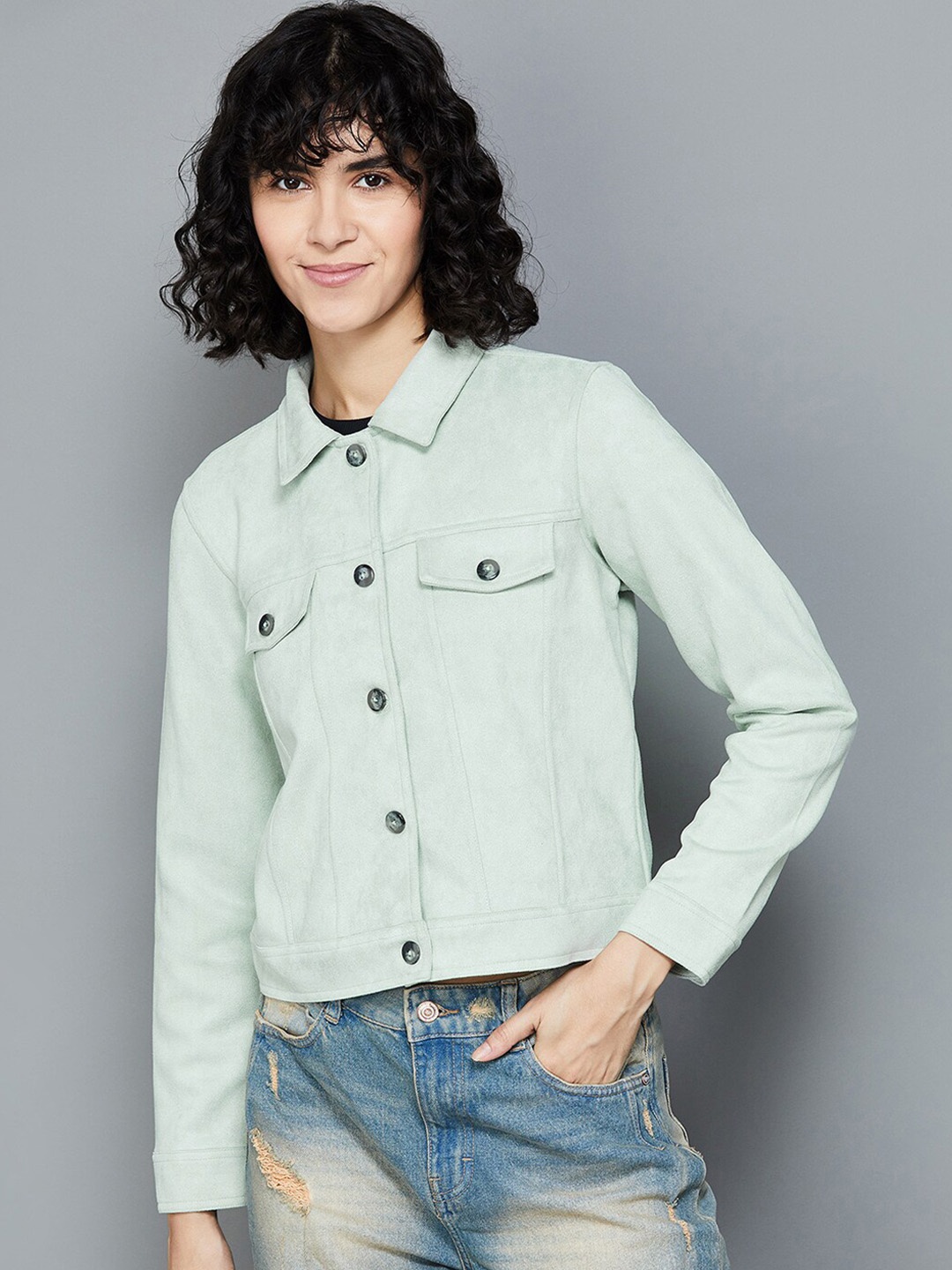 

Fame Forever by Lifestyle Spread Collar Crop Denim Jacket, Green