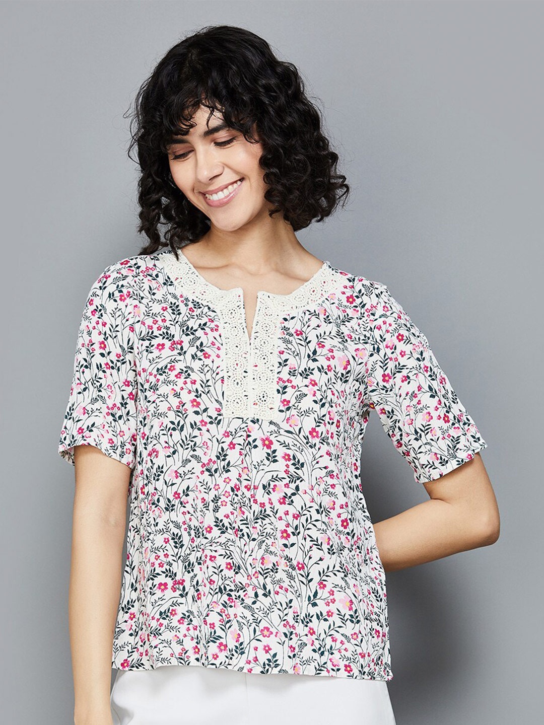 

Fame Forever by Lifestyle Floral Printed Lace Inserts Top, White