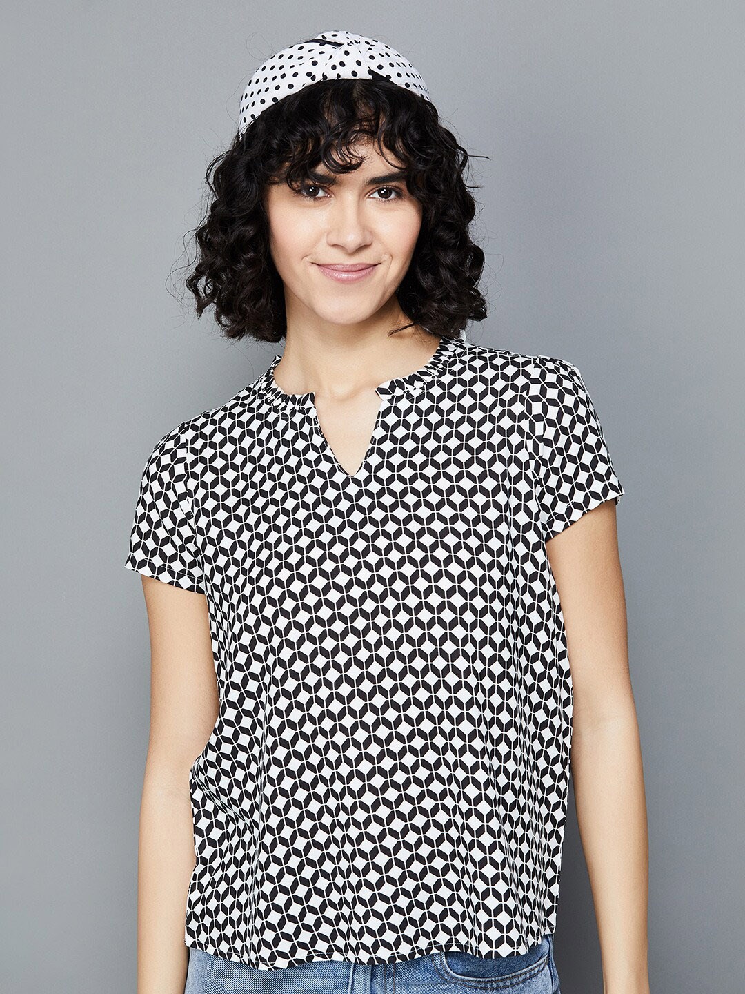 

Fame Forever by Lifestyle Polka Dots Printed Mandarin Collar Puffed Sleeves Top, Black