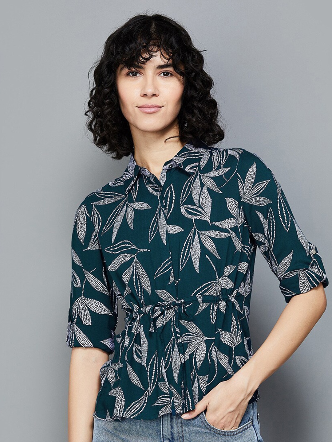

Fame Forever by Lifestyle Floral Printed Roll Up Sleeves Shirt Style Top, Teal