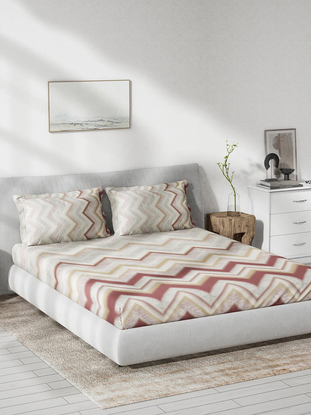 

DDecor Red & White Printed Cotton 144 TC Fitted King Bedsheet with 2 Pillow Covers