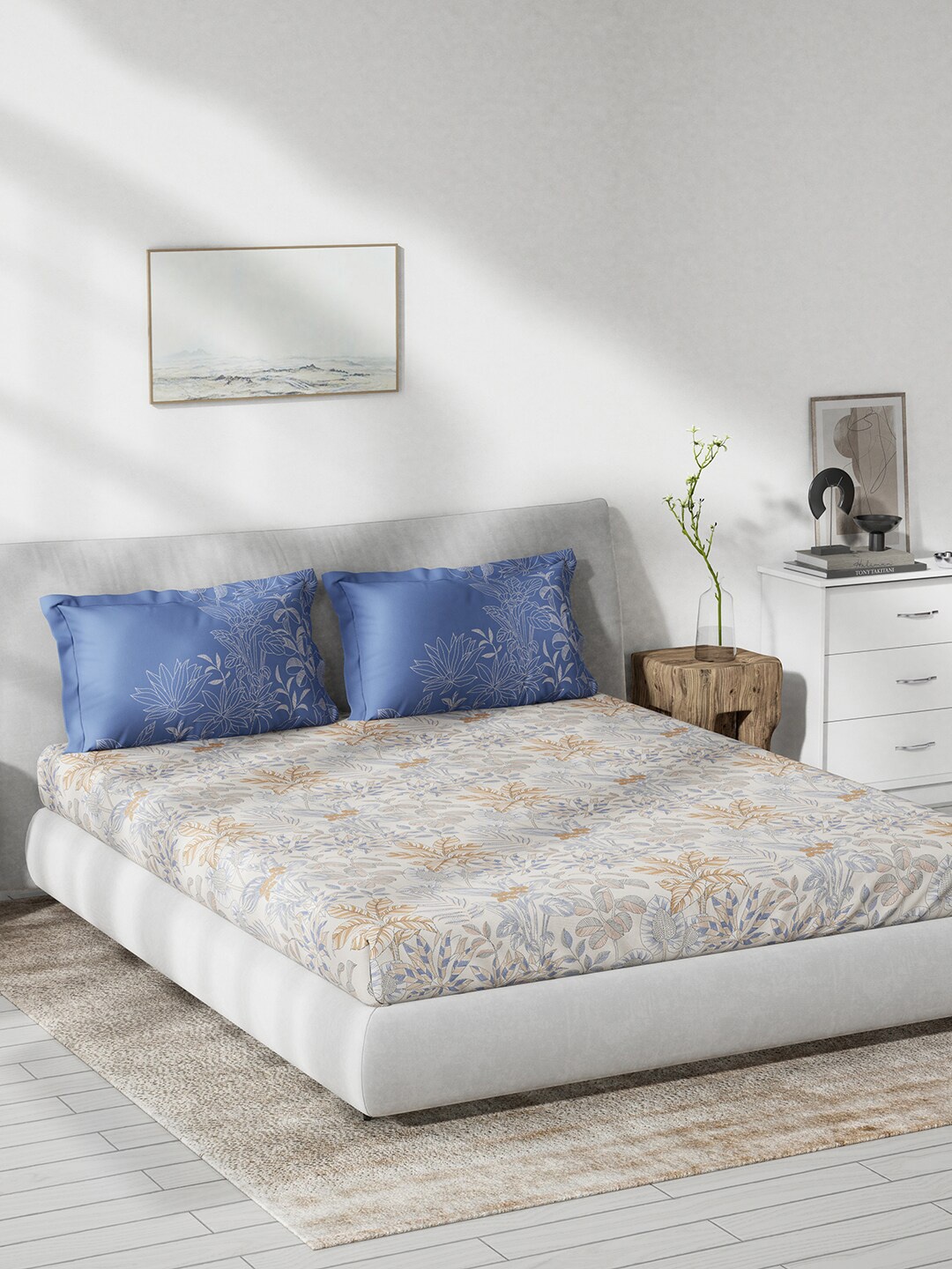 

DDecor Blue & Cream Printed Cotton 144 TC Fitted King Bedsheet with 2 Pillow Covers