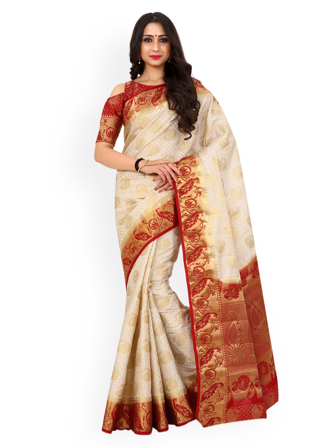 

MIMOSA Cream-Coloured Art Silk Woven Design Kanjeevaram Saree