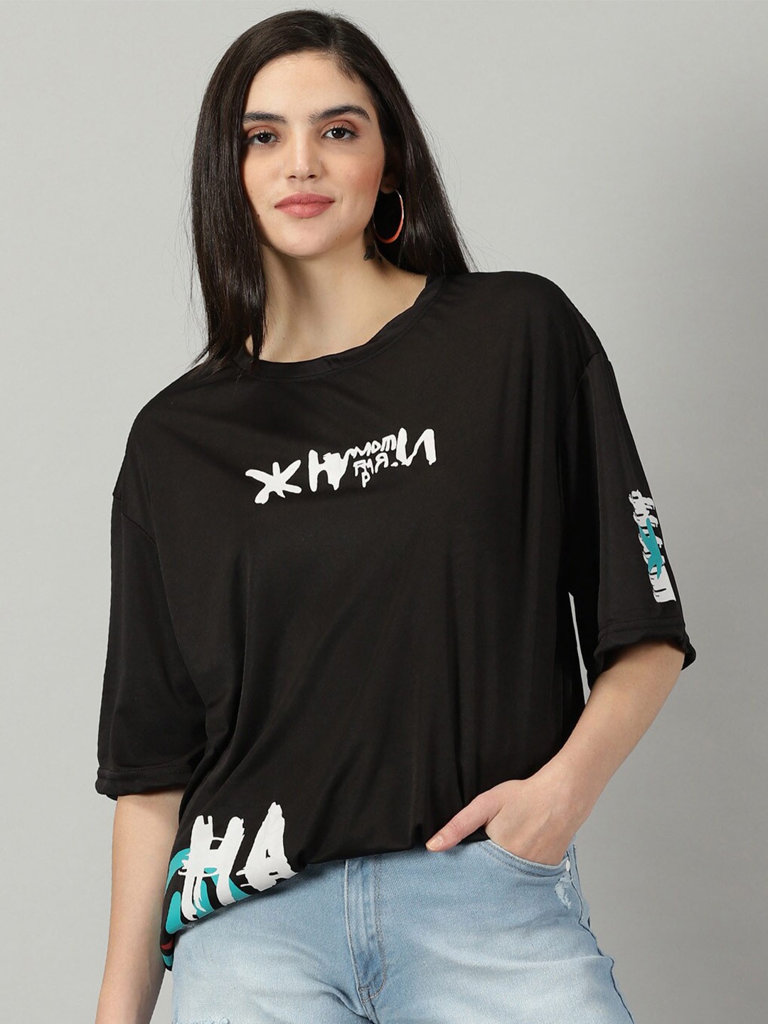 

Rodzen Typography Printed Oversized Casual T-Shirt, Black