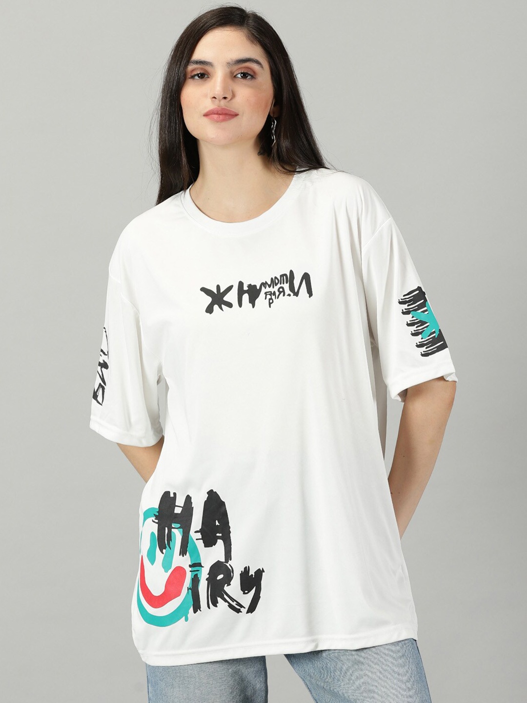 

Rodzen Typography Printed Round Neck Oversized Fit T-Shirt, White