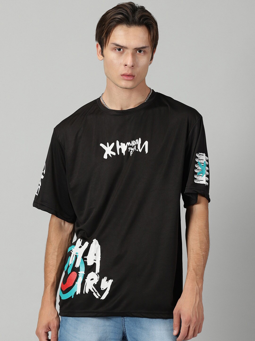 

Rodzen Typography Printed Drop-Shoulder Sleeves Oversized T-shirt, Black