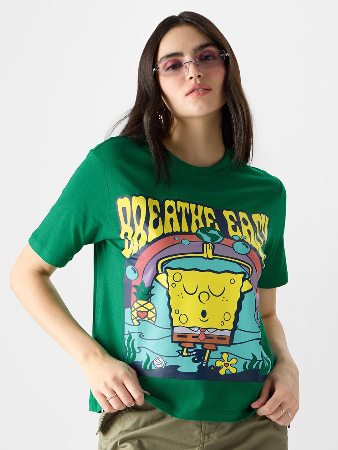 The Souled Store Spongebob Printed Pure Cotton Oversized Fit T-Shirt, Green