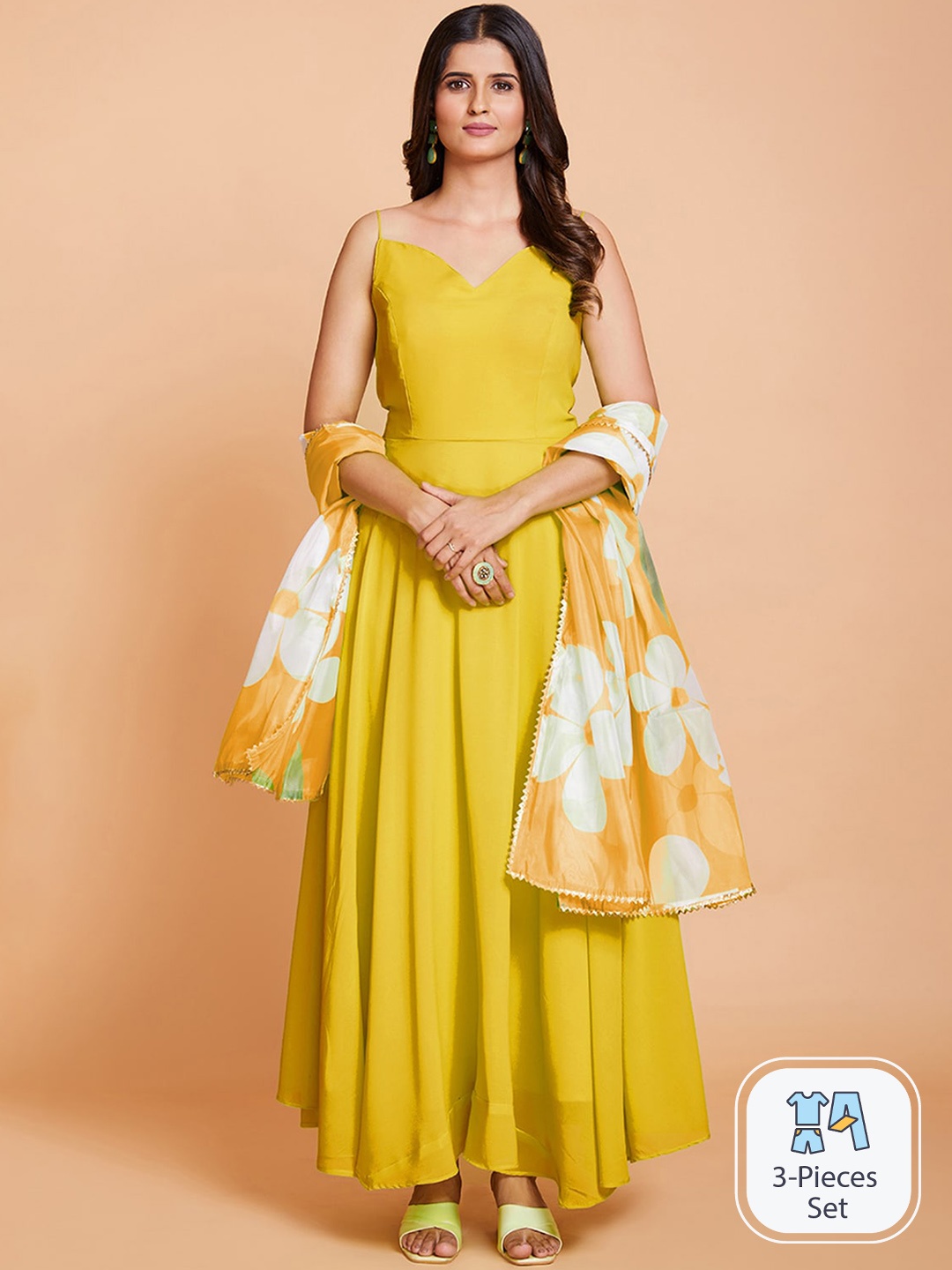 

ODETTE Sleeveless Ethnic Dress With Dupatta, Yellow