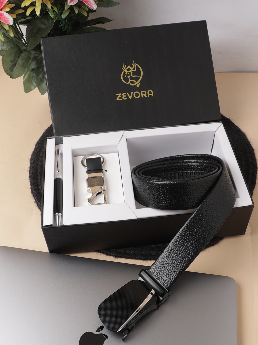 

ZEVORA Men Leather Belt With Keychain & Pen, Black
