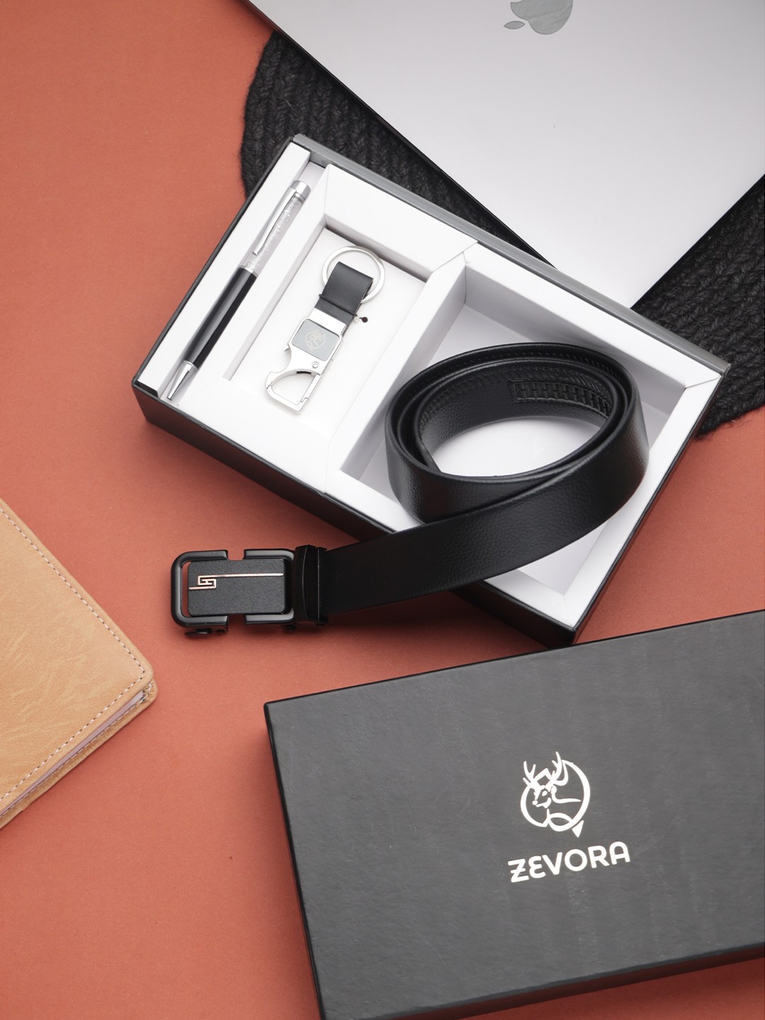 

ZEVORA Men Leather Belt With Keychain & Pen, Black