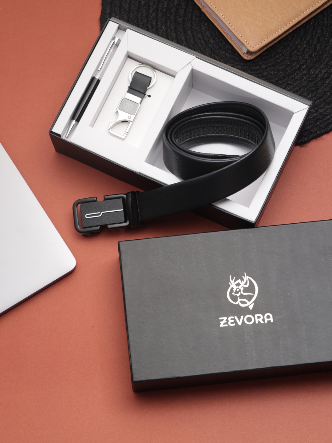 

ZEVORA Men Leather Belt With Keychain & Pen, Black