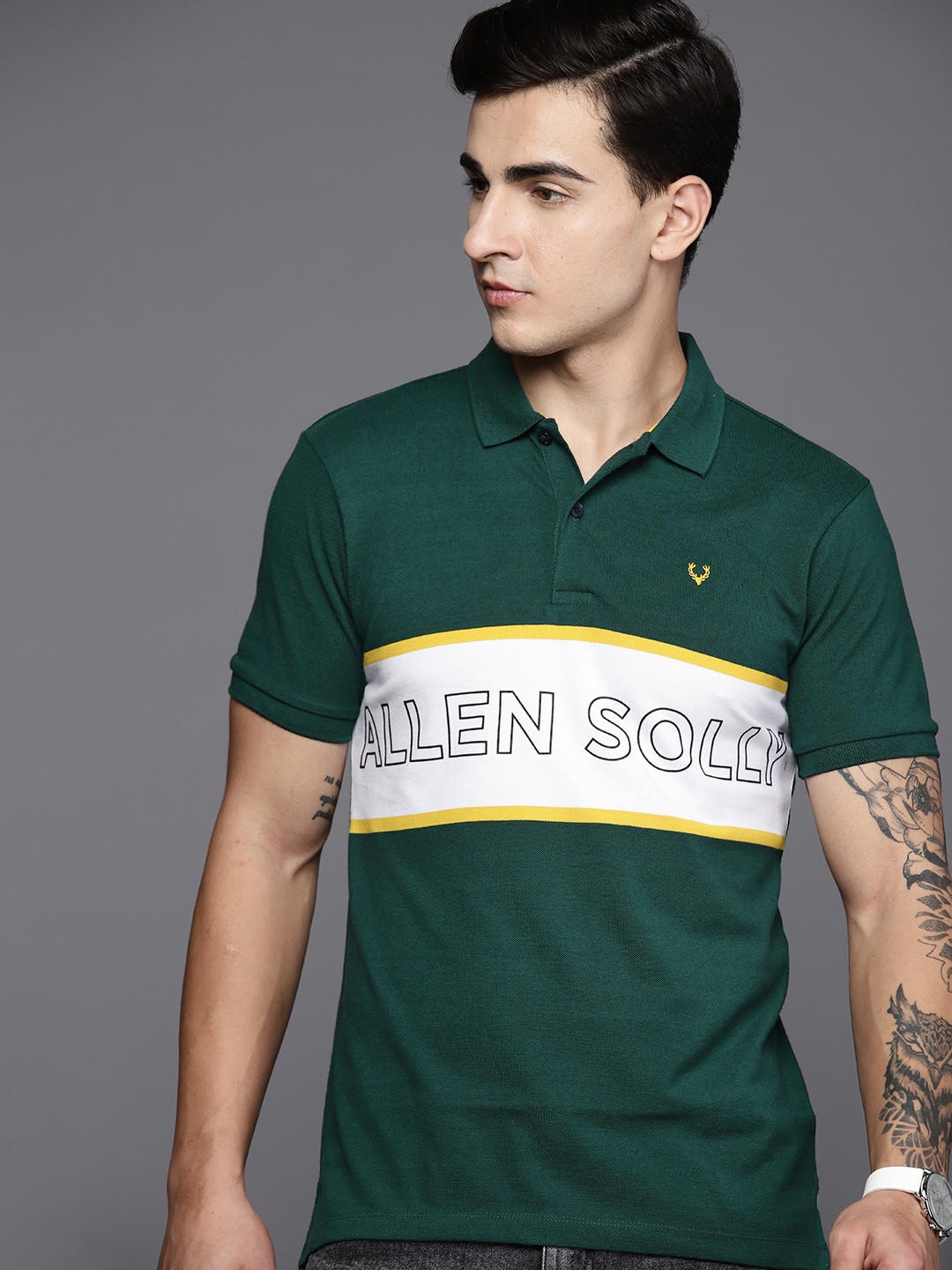 

Allen Solly Striped Brand Logo Printed Polo Collar T-shirt, Green