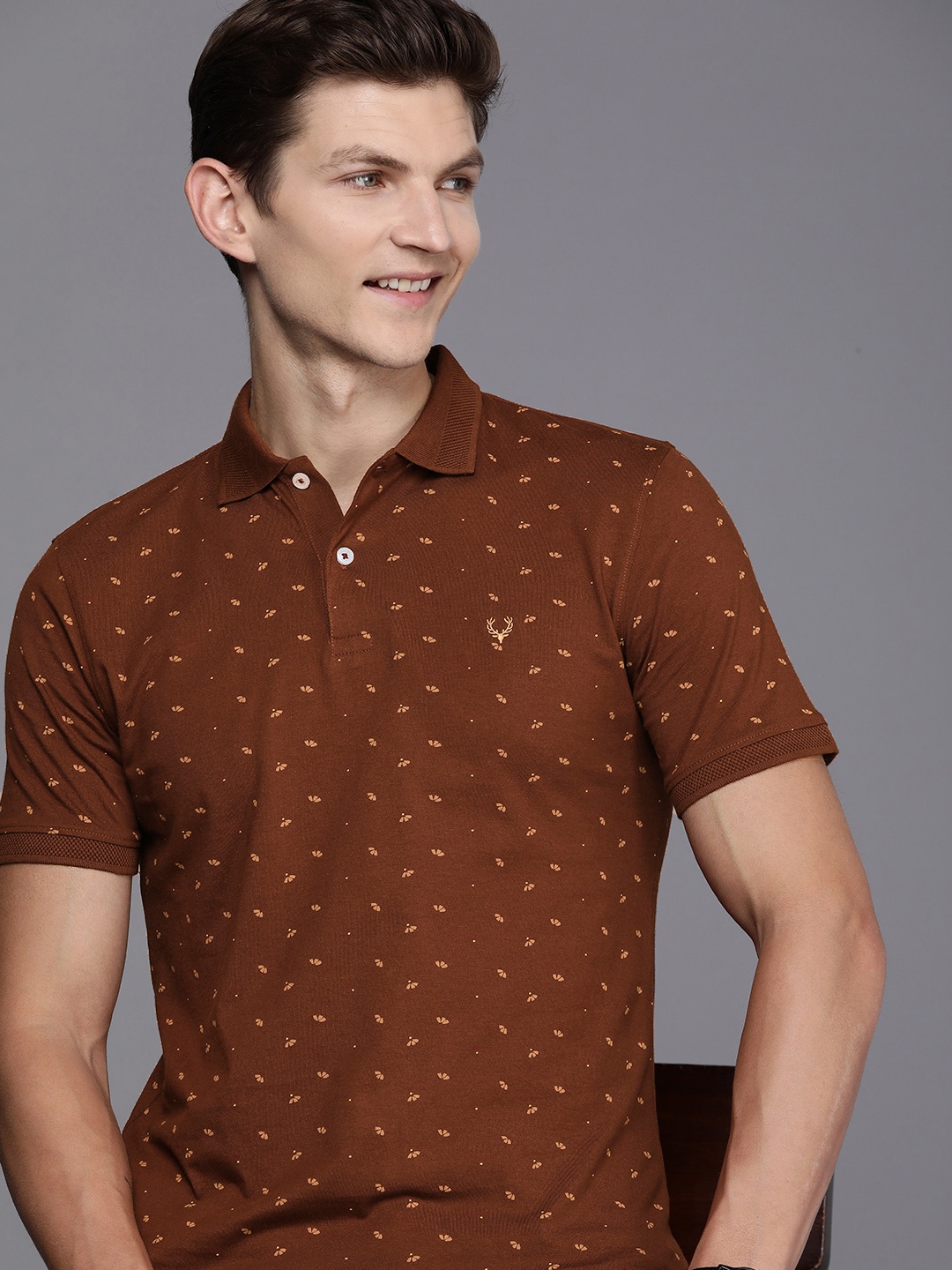 

Allen Solly Pure Cotton Floral Printed Polo Collar Casual T-shirt, Brown